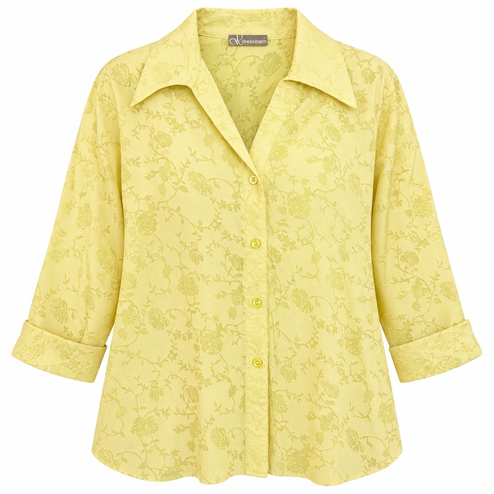 Dressbarn Woman Blouse Floral Jacquard Crinkle 2X Yellow 3/4 Sleeve Button Front